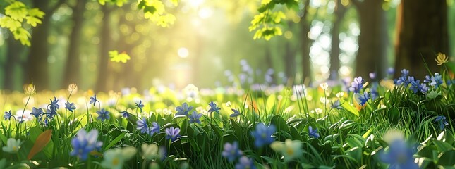 Wall Mural - In the forest, blue wildflowers are blooming on green grass under sunlight