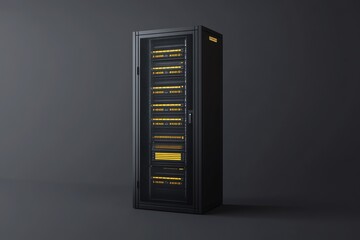 Wall Mural - Black Server Rack with Glowing Lights and Network Equipment