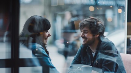 Modern office couple discreetly exchanging smiles during break, capturing subtle workplace romance and connection amidst blurred coworkers.