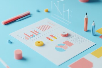 Poster - Colorful 3D Rendered Office Supplies and Charts on a Blue Background