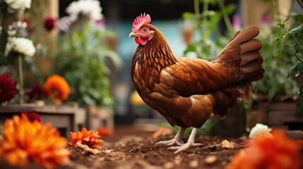 Canvas Print - Photo template inspiration image of beautiful brown hen sitting flowers bed  