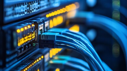 Poster - Blue Network Cables Connected to Server Rack with Glowing Lights