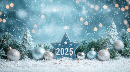 Christmas background with snowflakes, balls, star with 2025 text. Happy New Year card