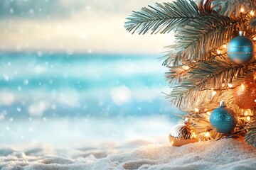 A festive Christmas tree adorned with colorful ornaments, glowing lights, and set against a serene snowy beach backdrop.