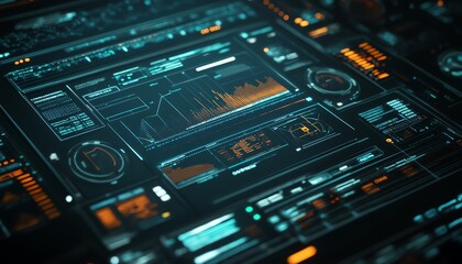 Poster - Futuristic digital interface with glowing blue and orange elements