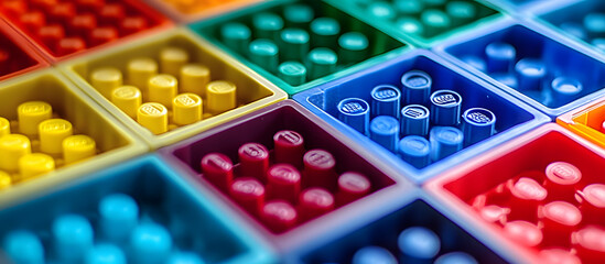 Blurred shot of a diverse set of plastic building blocks arranged in a container box with ample copy space image