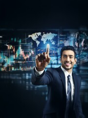 Leinwandbilder - A man in a suit smiles as he points at a world map on a digital screen displaying data.