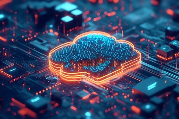 Poster - Abstract Cloud Computing Concept with Neon Lights on Circuit Board