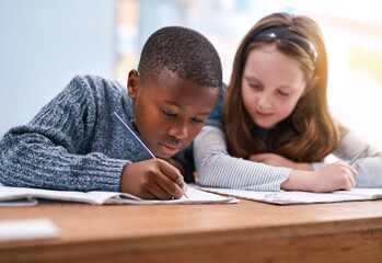 Poster - Students, writing and book for education in classroom of learning, study quiz and drawing assessment. Kids, stationery and helping with creative test, sketch colour and lesson activity of development