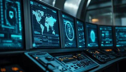 Poster - Futuristic Control Room with Global Map Display and Interface