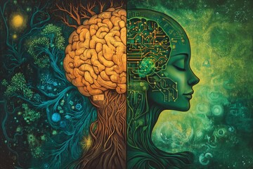  Artistic illustration of a human head intertwined with vibrant neural networks and organic elements symbolizing the connection between nature artificial intelligence and cognitive processes