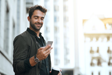 Wall Mural - Coffee, phone and contact with man in city for communication, social media and connection. Networking, newsletter and location app with person and mobile in downtown for search, digital or internet