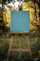 Blank canvas on an easel in a serene forest setting, ready for an artist s touch