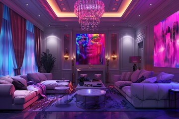 Wall Mural - Elegant living room with neon chandeliers, holographic wall displays, advanced smart home technology, digital painting