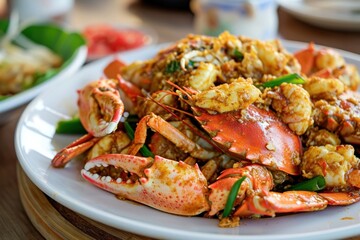 Canvas Print - Crab with curry powder seafood fried plate.