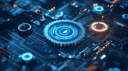 Poster - Futuristic Glowing Gear with Circuit Board Background