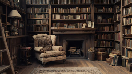 A rustic home library with dark wood shelves, an antique armchair, a fireplace, and a collection of vintage books for an old-world charm