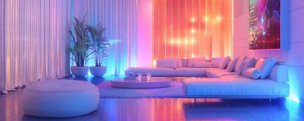 Wall Mural - Spacious living room with neon holographic displays, sleek minimalistic furniture, advanced tech, 3D render