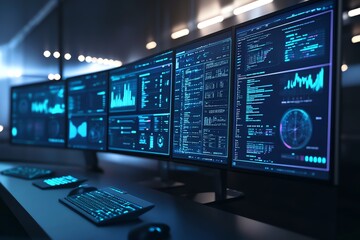 Poster - Multiple computer monitors displaying data visualizations and code