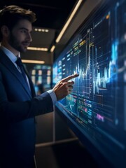 A man in a suit is examining a large screen displaying a line graph and numerical data.