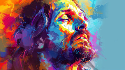  illustration of Jesus Christ set against an abstract, colorful background.