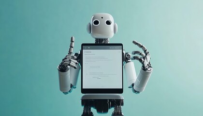 Poster - A White Robot Holding a Tablet Computer Against a Light Blue Background