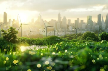 Wind turbines in a lush green landscape with a vibrant city skyline at sunset showcasing sustainable energy solutions