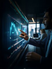 Poster - A man in a suit is looking at a screen, with a hand reaching out to touch the data displayed on the screen.