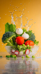 Wall Mural - liquid splashing, vegetables in a cluster against a isolated yellow-orange background with floor reflections and liquid