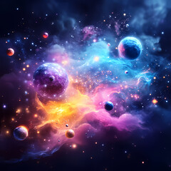 Wall Mural - a colorful galaxy with many planets and stars. the colors are bright and vibrant, creating a sense o