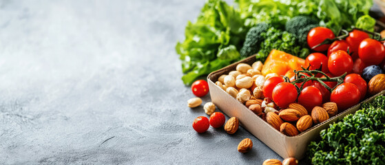 A box of assorted fruits and vegetables is displayed on a grey background. The box contains a variety of items such as tomatoes, broccoli, lettuce, and nuts. Concept of health and wellness