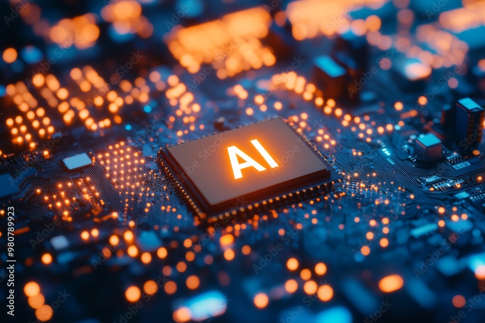 Close up of a glowing AI chip on a circuit board symbolizing the rapid ...