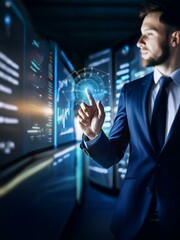 Poster - A businessman wearing a suit, with a white shirt and a tie, reaches out to touch a glowing blue hologram.