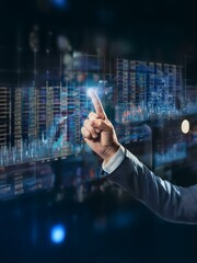 Leinwandbilder - A hand in a suit, index finger extended, interacts with a glowing digital display showing graphs and data.
