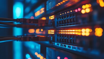 Poster - Close-up of Server Rack with Cables and Lights
