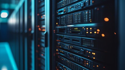 Poster - Close-up of Server Racks with Glowing Lights in a Data Center