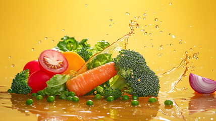 Wall Mural - liquid splashing, vegetables in a cluster against a isolated yellow-orange background with floor reflections and liquid