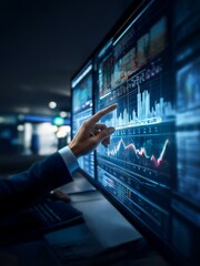 Aufkleber - A person's hand points at data displayed on a computer monitor.