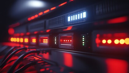 Poster - Close-up of a Server Rack with Red and Blue Lights