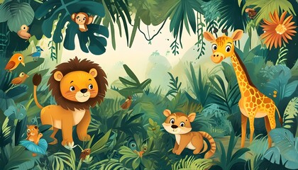 Vibrant jungle scene celebrating wildlife with playful illustrations of various wild animals for World Wildlife Day