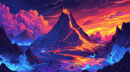 Wall Mural - Vibrant surreal landscape with volcano erupting fiery lava and glowing blue and purple mist