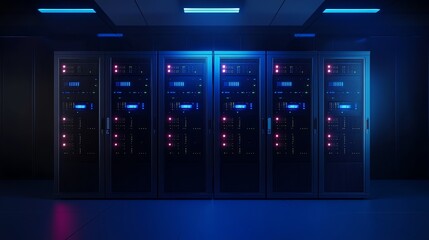 Poster - Row of Illuminated Server Racks in a Dark Server Room