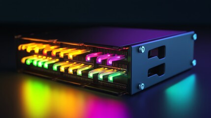 Poster - Close-up of a Server Rack with Colorful LED Lights