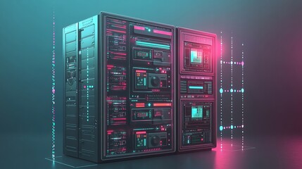 Poster - Two Futuristic Servers With Colorful Digital Displays
