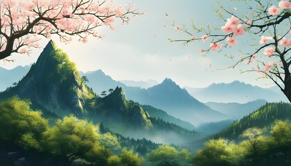 Wall Mural - Spring mountain peaks and lush trees illustration for Qingming Festival youth travel poster