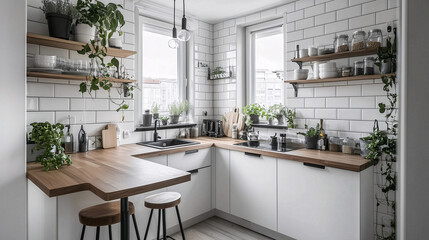 A small, cozy Scandinavian kitchen with white subway tile backsplash, matte black fixtures, and wooden stools. The design emphasizes simplicity and warmth with greenery on the windowsill