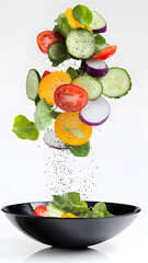 Wall Mural - Salad with fresh vegetables and avocado falling into a plate on isolated white background