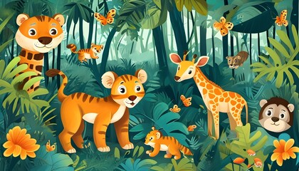 Vibrant jungle scene celebrating wildlife with playful illustrations of various wild animals for World Wildlife Day