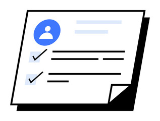 Paper includes a profile avator and two checkmarks on a page. Ideal for user profiles, task tracking, administration, project management, organizational tools. Simple modern vector style.