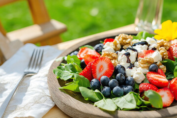 A fresh salad featuring mixed greens, strawberries, blueberries, walnuts, and feta cheese served on a rustic plate,. Image for Menu design of bars, cafes, restaurants